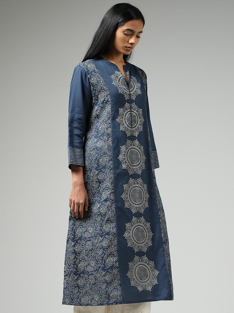 Utsa Indigo Mandala and Floral Printed Cotton A-Line Kurta