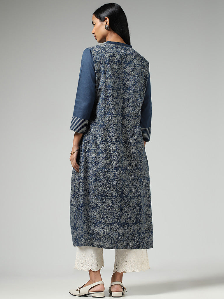 Utsa Indigo Mandala and Floral Printed Cotton A-Line Kurta