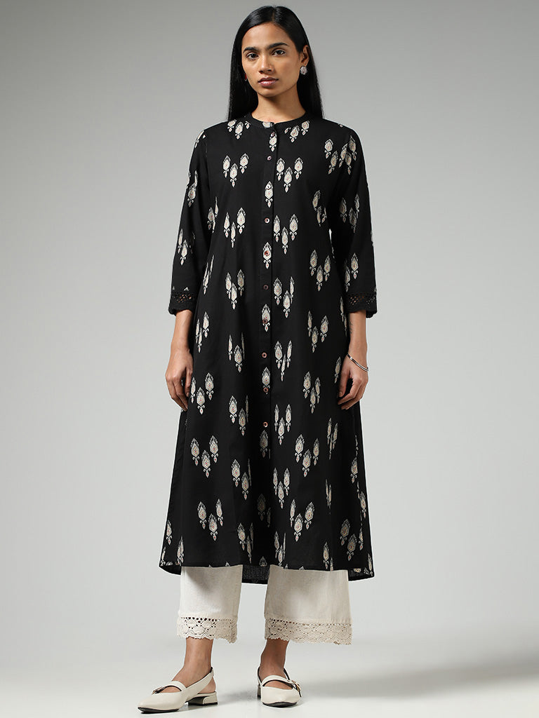 Utsa Black Ikat Printed Cotton Buttoned Down Kurta