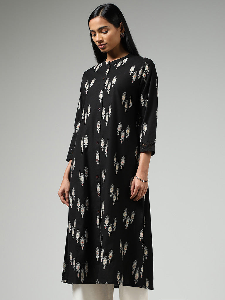 Utsa Black Ikat Printed Cotton Buttoned Down Kurta