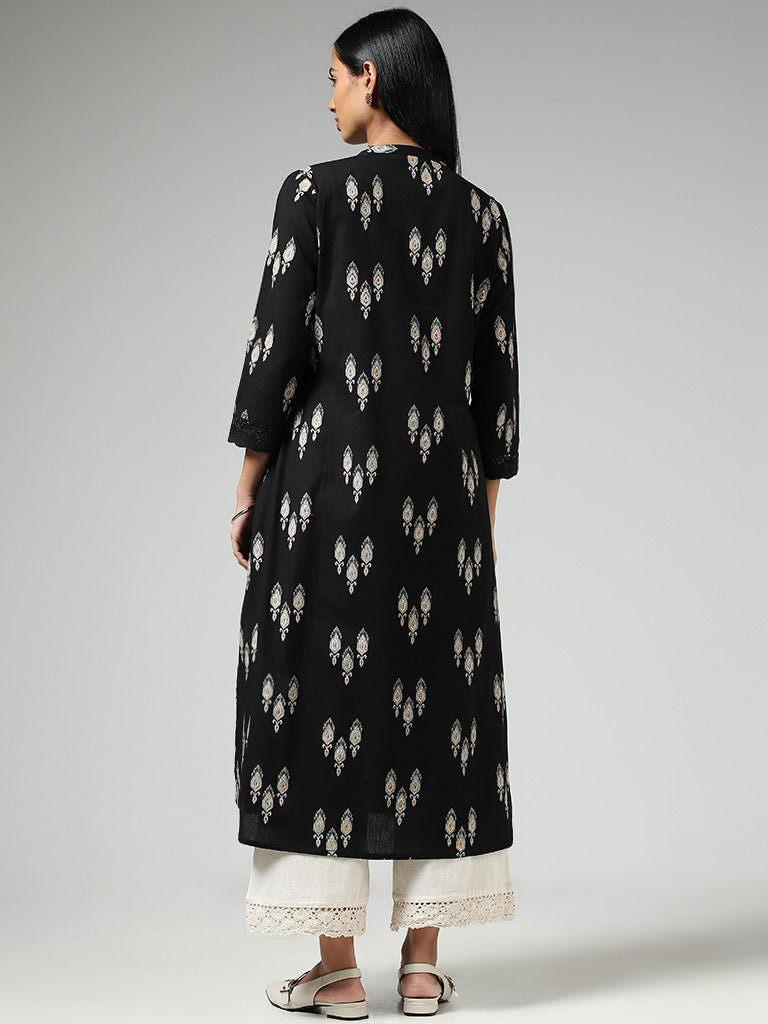 Utsa Black Ikat Printed Cotton Buttoned Down Kurta