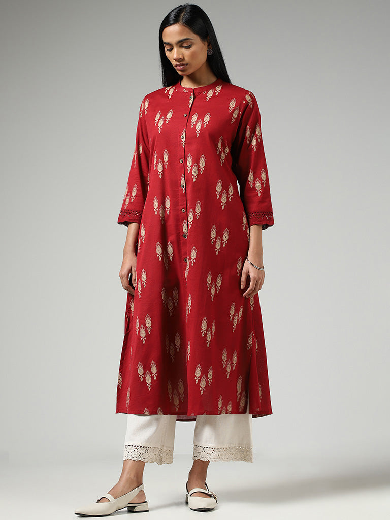 Utsa Red Ikat Printed Cotton Buttoned Down Kurta