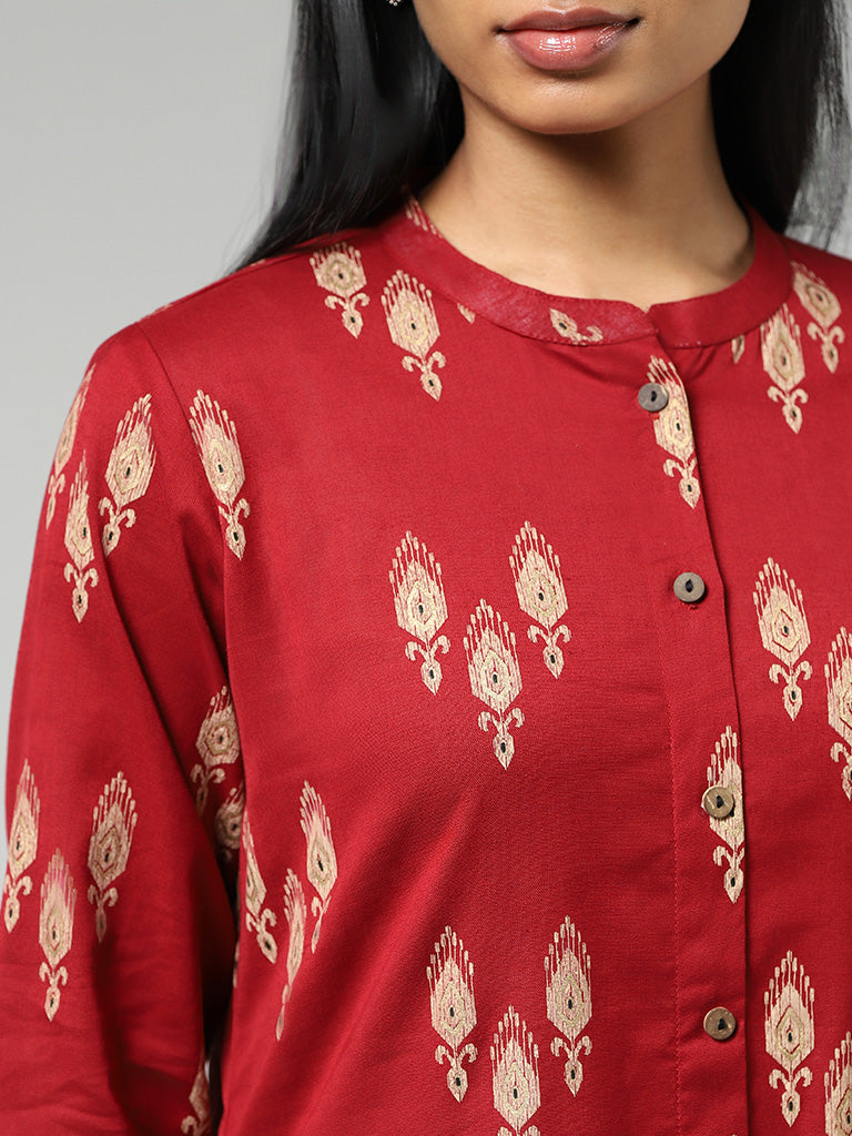 Utsa Red Ikat Printed Cotton Buttoned Down Kurta