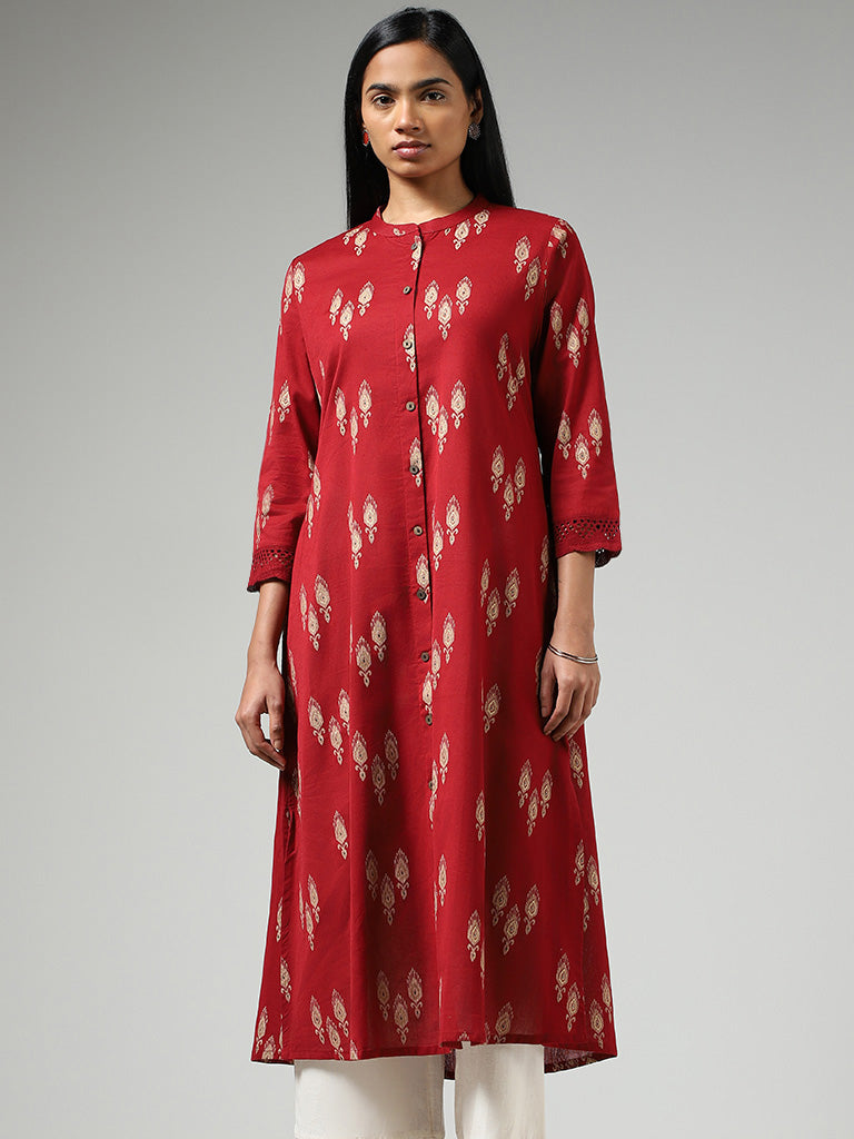 Utsa Red Ikat Printed Cotton Buttoned Down Kurta