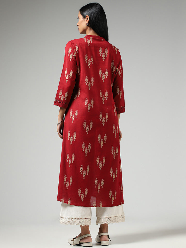 Utsa Red Ikat Printed Cotton Buttoned Down Kurta