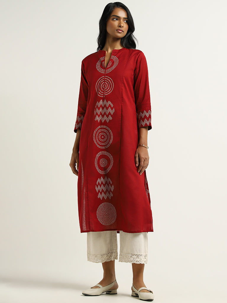 Utsa Red Printed Blended Linen Kurta