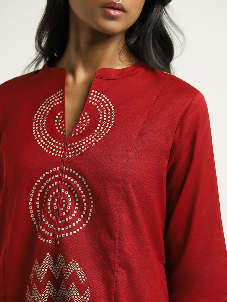 Utsa Red Printed Blended Linen Kurta