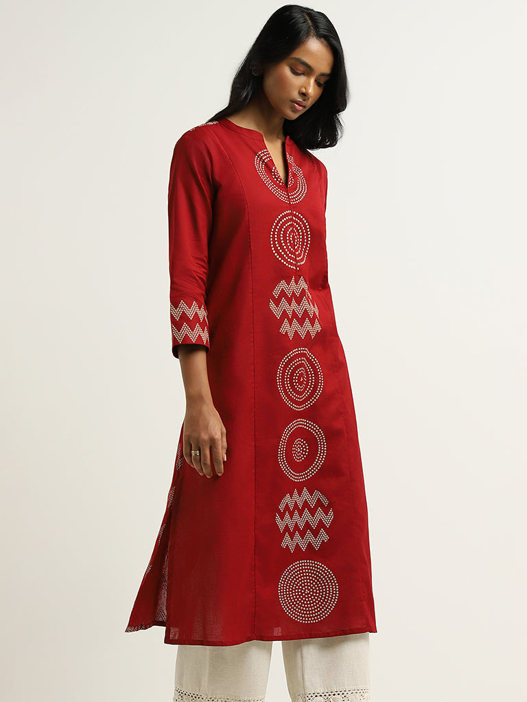 Utsa Red Printed Blended Linen Kurta