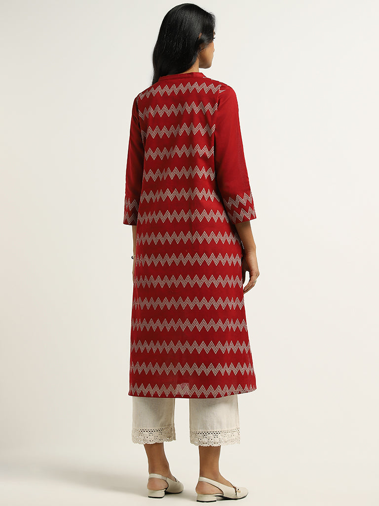 Utsa Red Printed Blended Linen Kurta