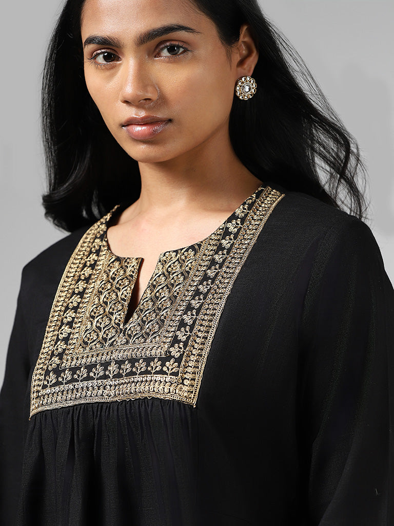 Utsa Black Floral Zari Embroidered and Printed Gathered Cotton Kurti