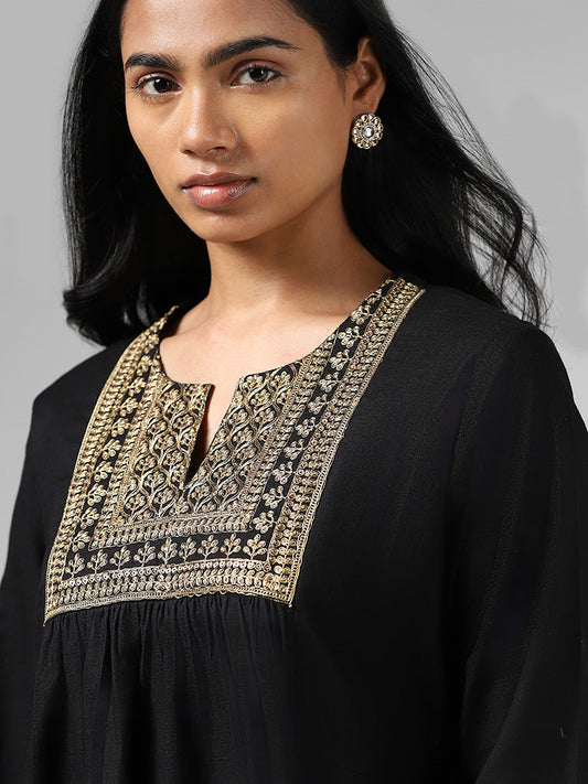 Utsa Black Floral Zari Embroidered and Printed Gathered Cotton Kurti