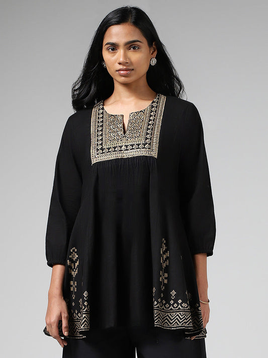 Utsa Black Floral Zari Embroidered and Printed Gathered Cotton Kurti