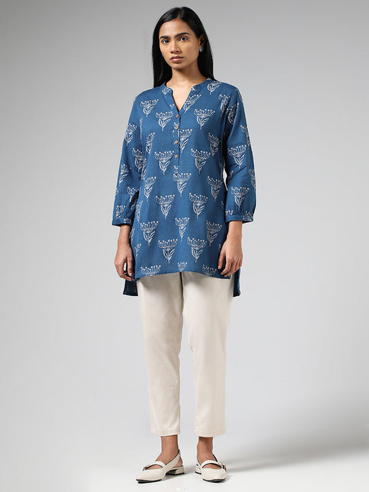 Utsa Blue Floral Block Printed Kurti