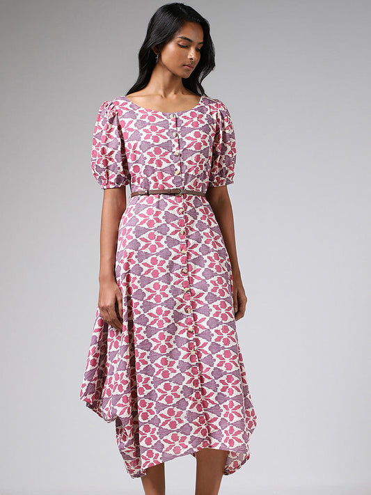 Utsa Pink Printed Cotton Button-Down Dress with Belt