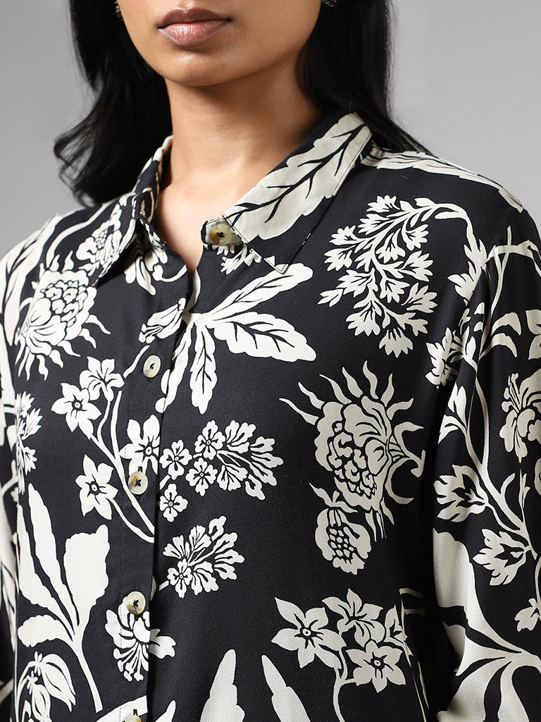 Utsa Black Floral Printed Buttoned Down Kurta