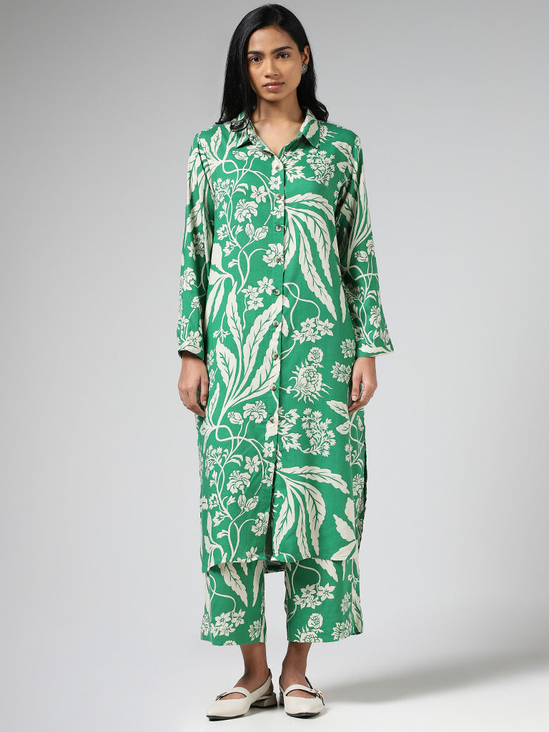 Utsa Green Floral Printed Buttoned Down Kurta