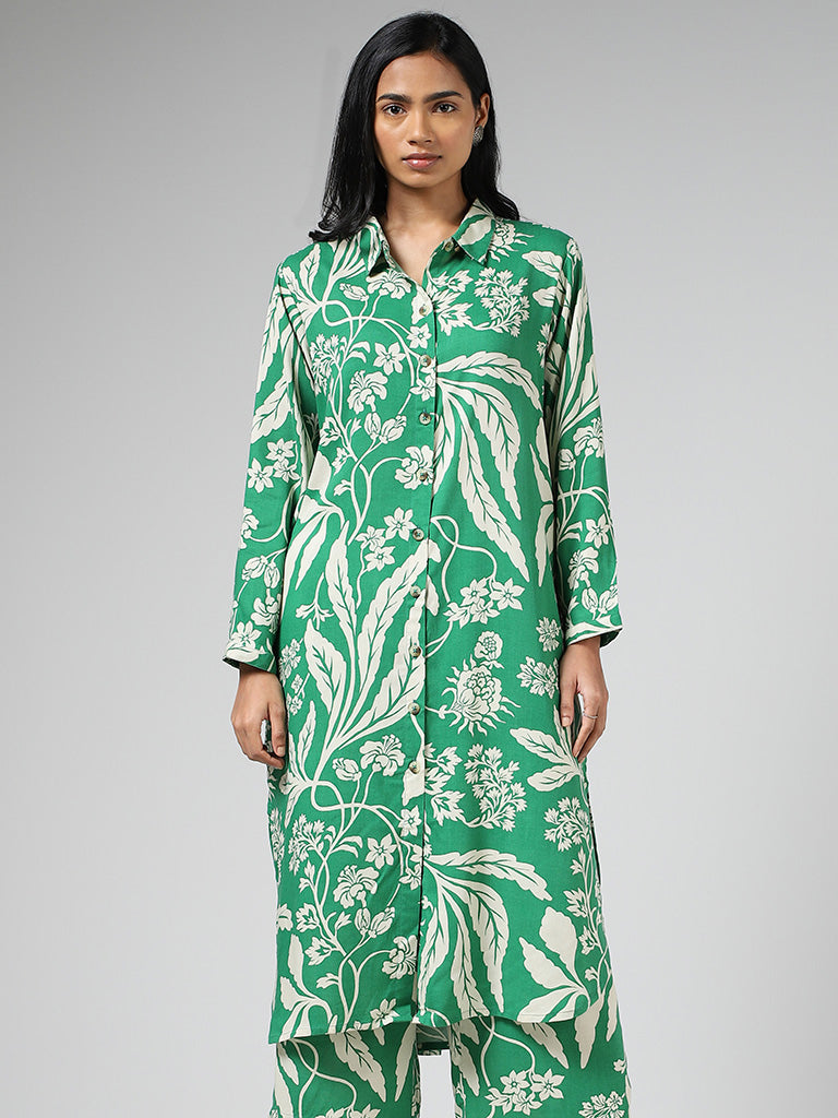 Utsa Green Floral Printed Buttoned Down Kurta