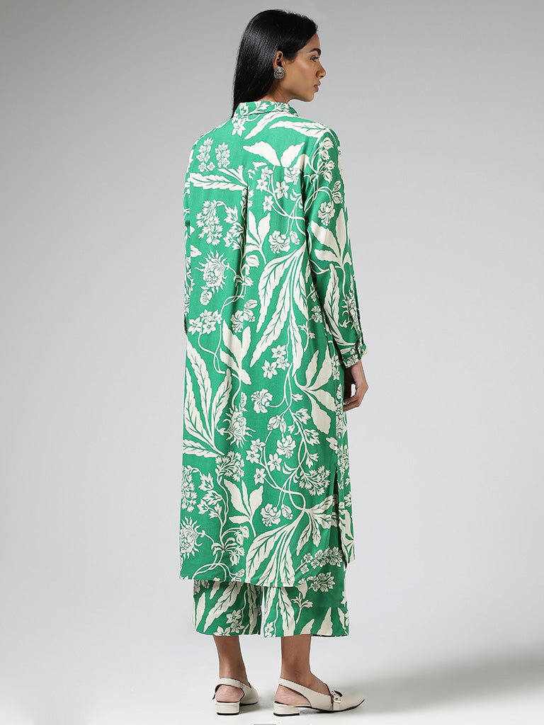 Utsa Green Floral Printed Buttoned Down Kurta