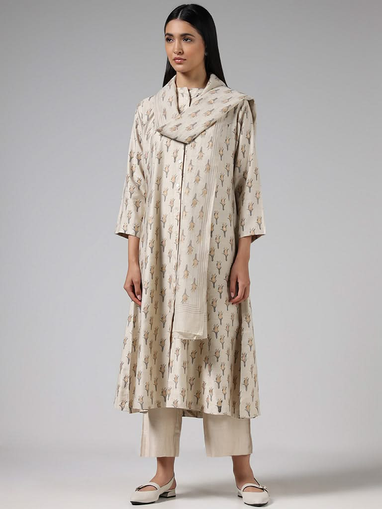 Zuba Cream Tulip Printed Cotton Blend Buttoned Down Kurta