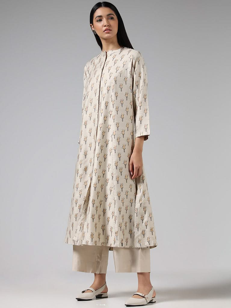 Zuba Cream Tulip Printed Cotton Blend Buttoned Down Kurta