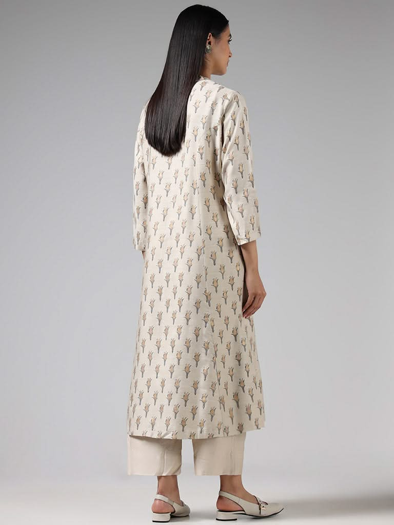 Zuba Cream Tulip Printed Cotton Blend Buttoned Down Kurta