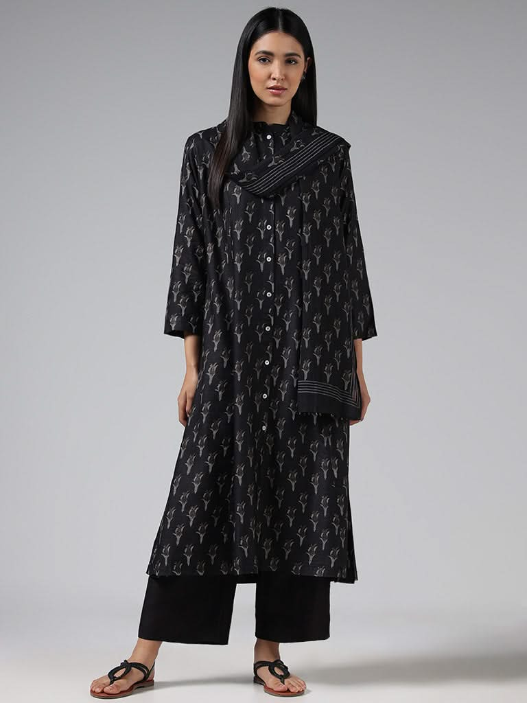 Zuba Black Tulip Printed Cotton Blend Buttoned Down Kurta