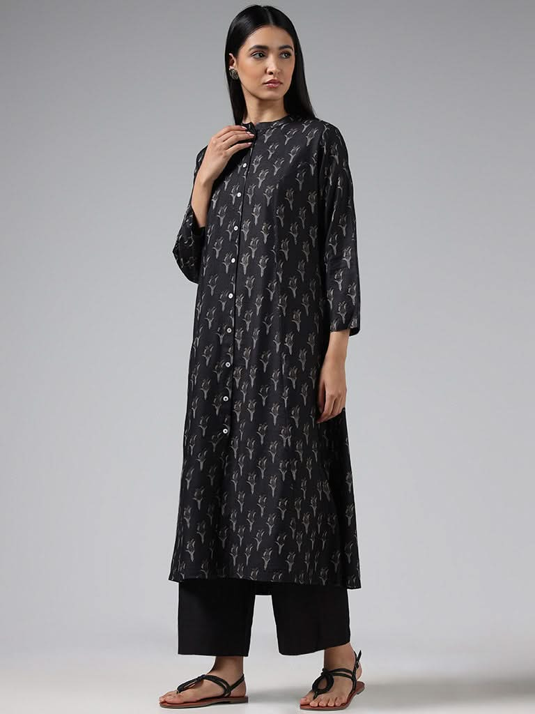 Zuba Black Tulip Printed Cotton Blend Buttoned Down Kurta