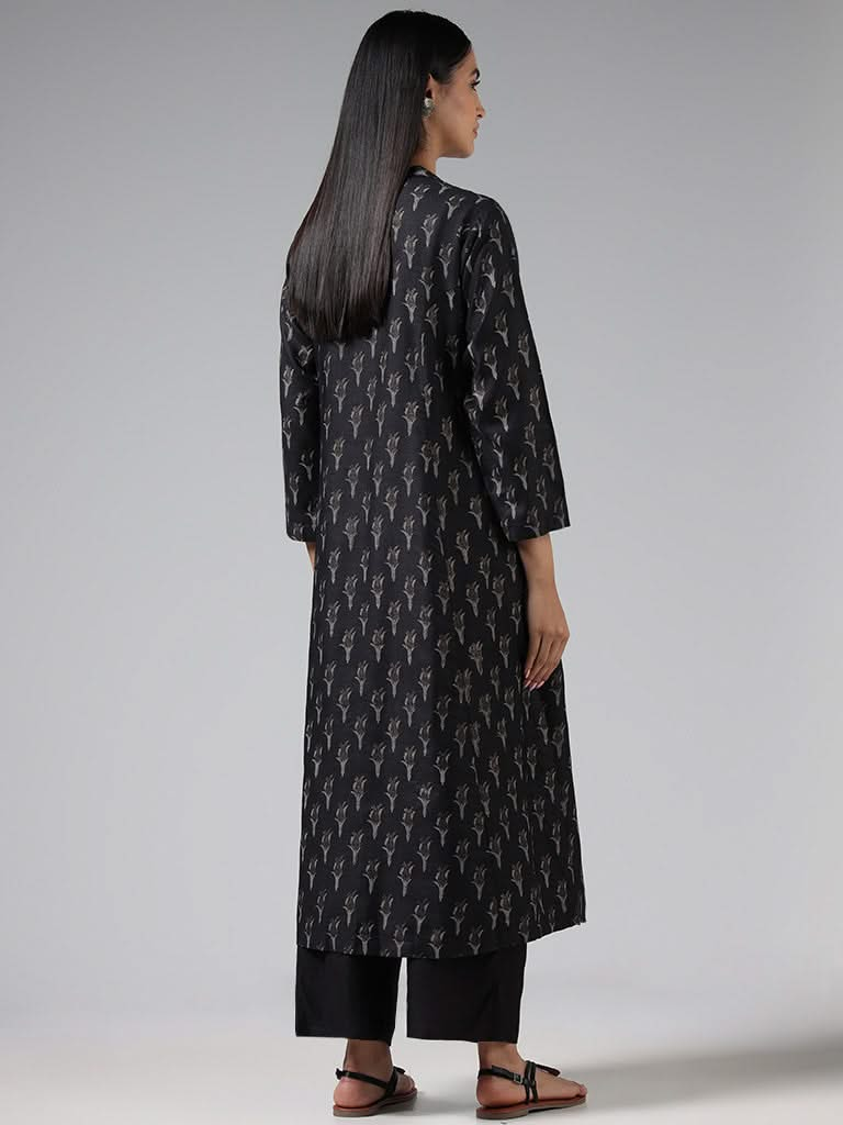 Zuba Black Tulip Printed Cotton Blend Buttoned Down Kurta