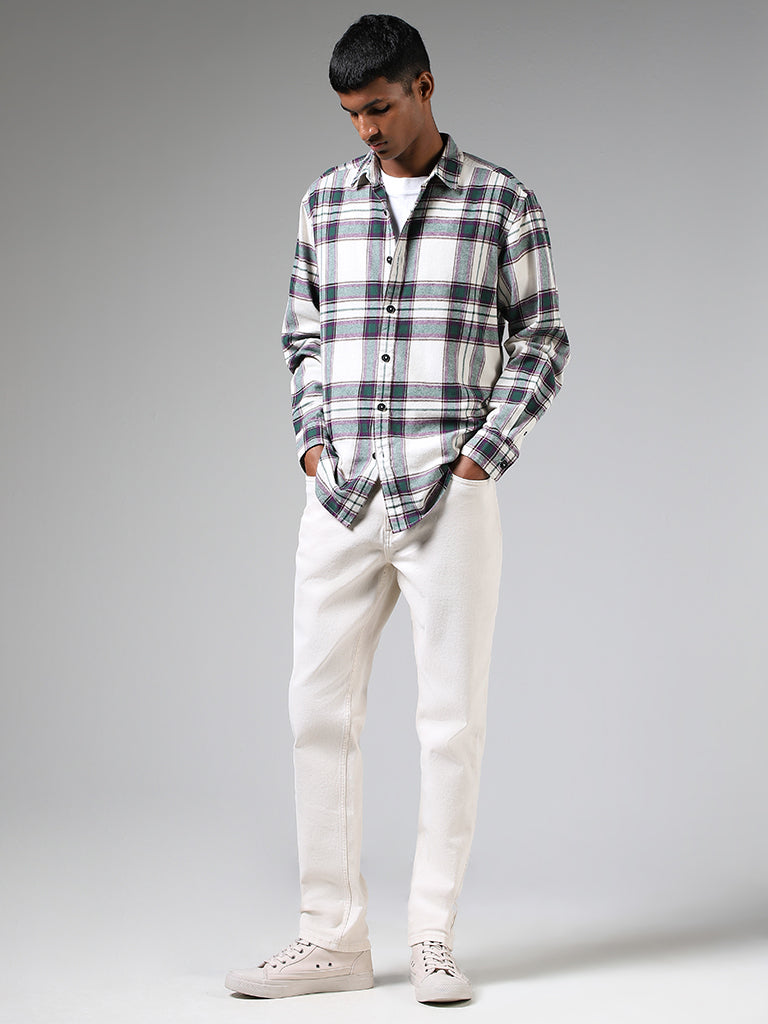 Nuon Off White Plaid Checked Relaxed-Fit Shirt