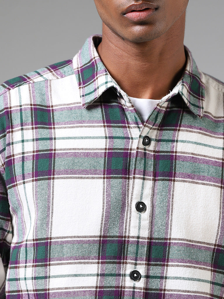 Nuon Off White Plaid Checked Relaxed-Fit Shirt