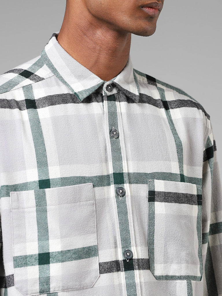 Nuon Grey Plaid Checked Cotton Relaxed-Fit Shirt