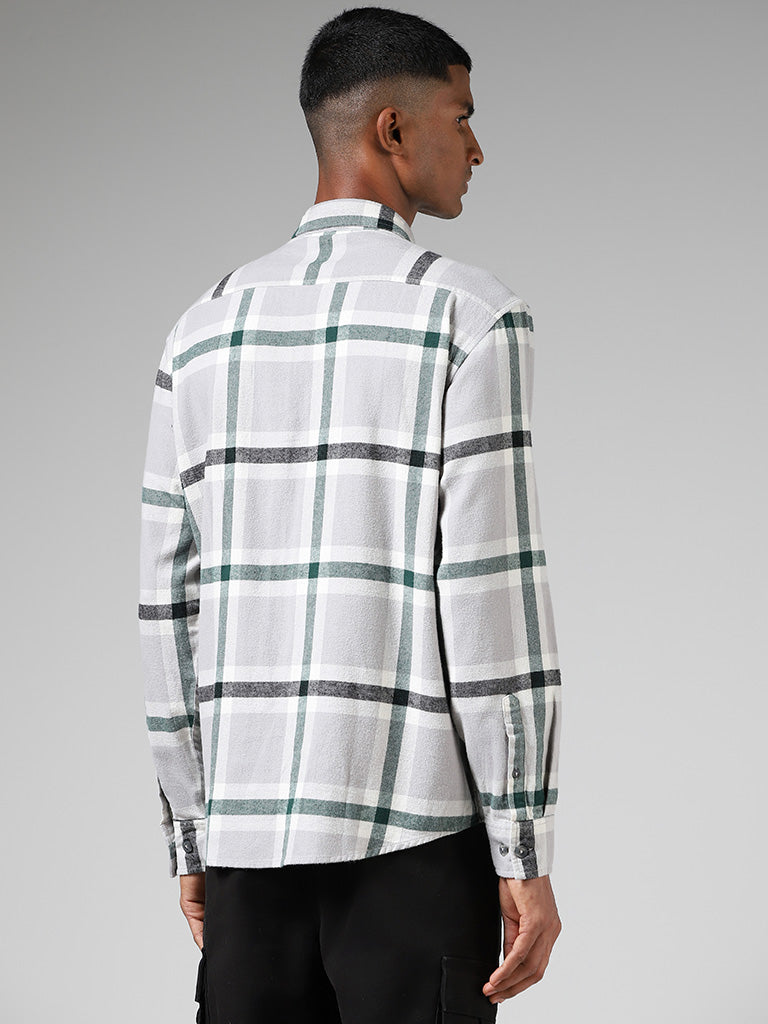 Nuon Grey Plaid Checked Cotton Relaxed-Fit Shirt