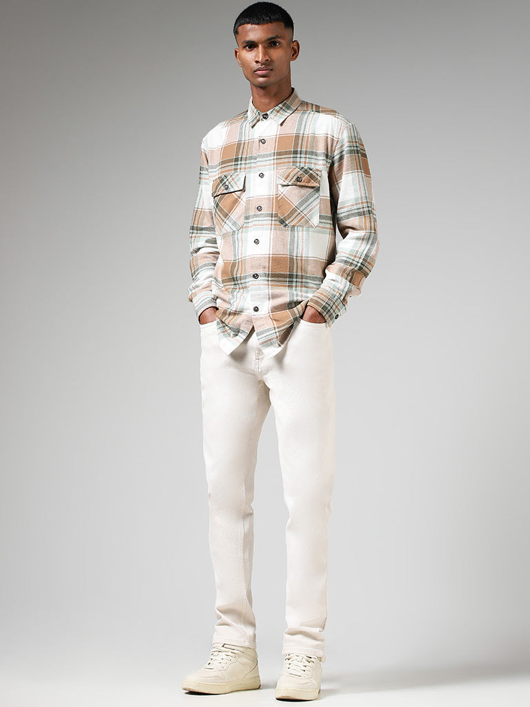 Nuon Off White Plaid Checked Cotton Relaxed-Fit Shirt