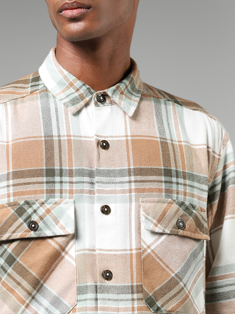 Nuon Off White Plaid Checked Cotton Relaxed-Fit Shirt