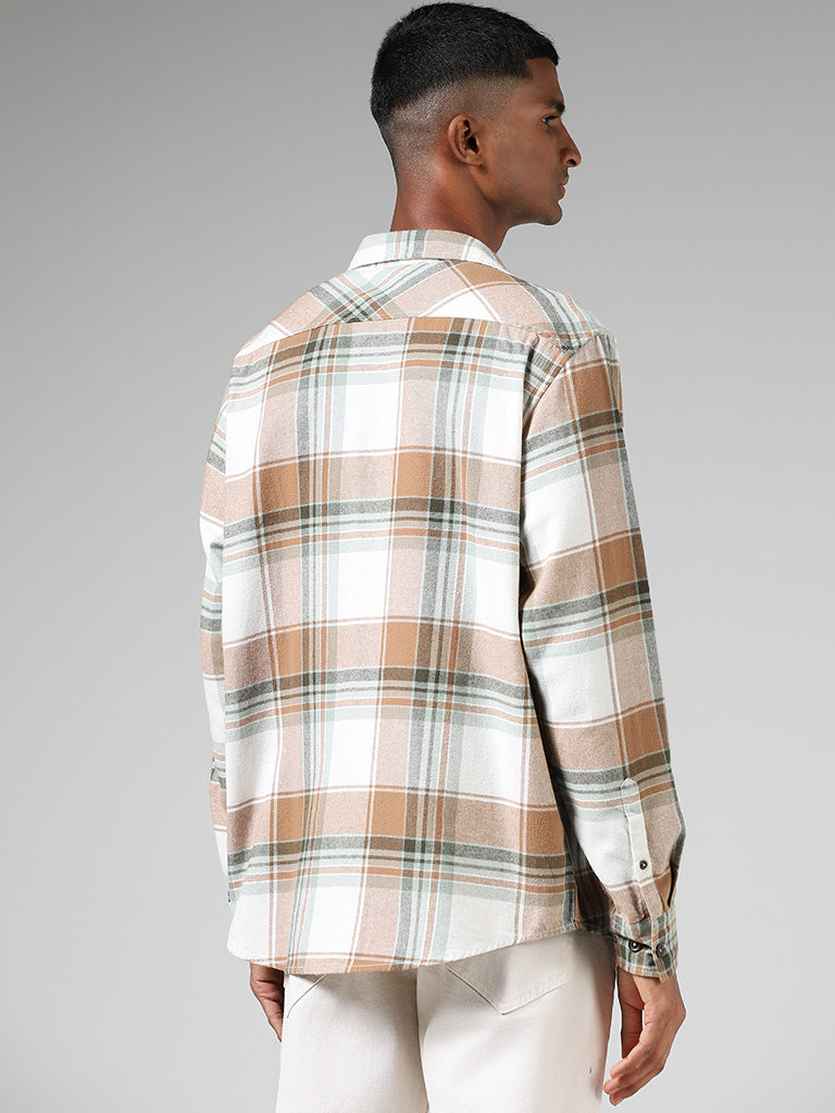 Nuon Off White Plaid Checked Cotton Relaxed-Fit Shirt