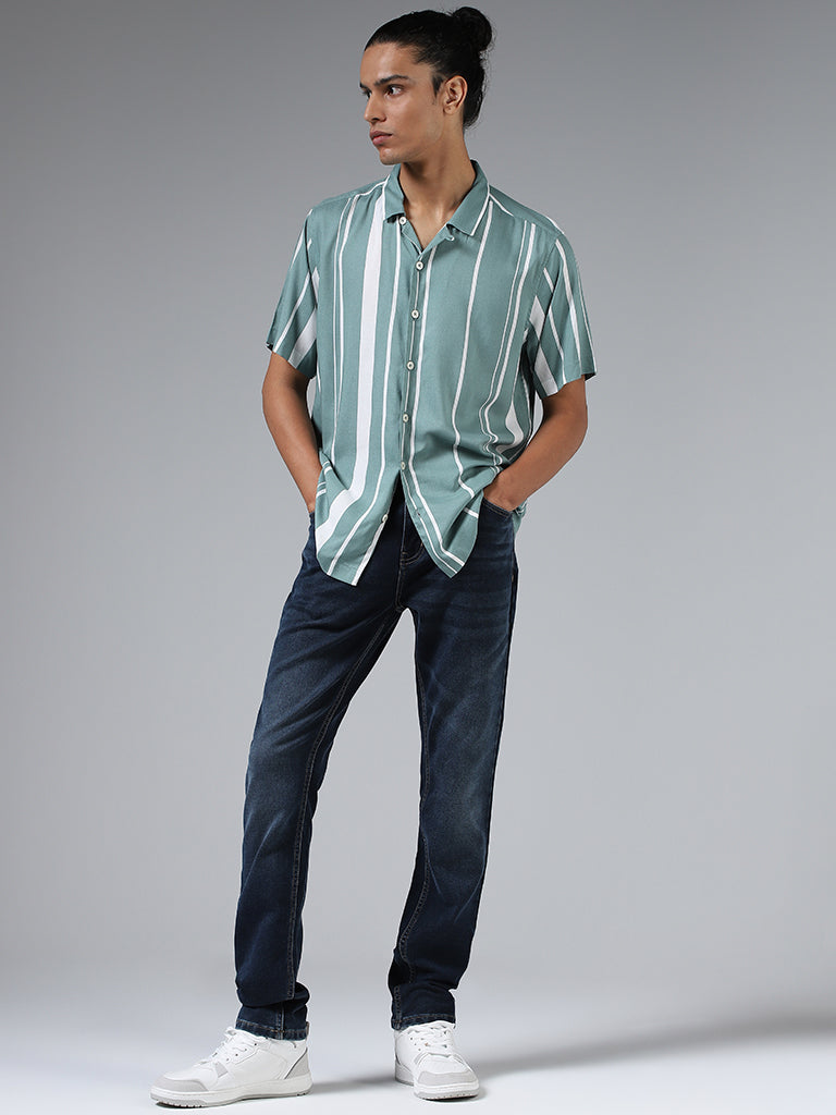 Nuon Aqua Green Striped Relaxed-Fit Shirt