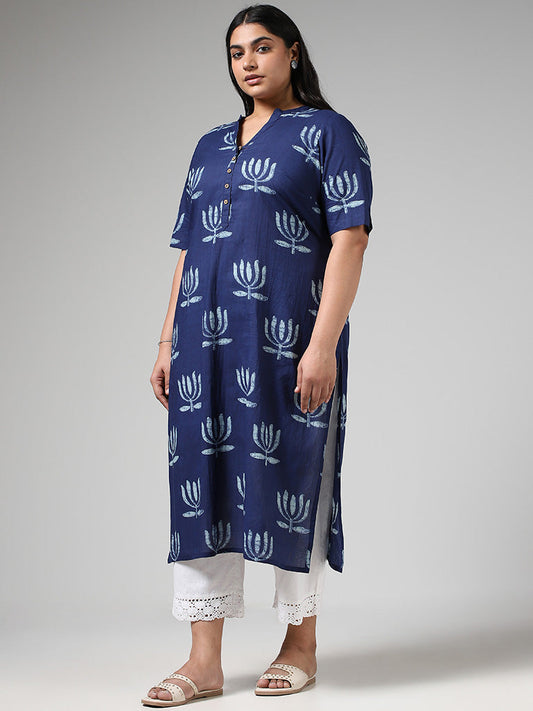 Diza Indigo Lotus Printed Cotton Kurta