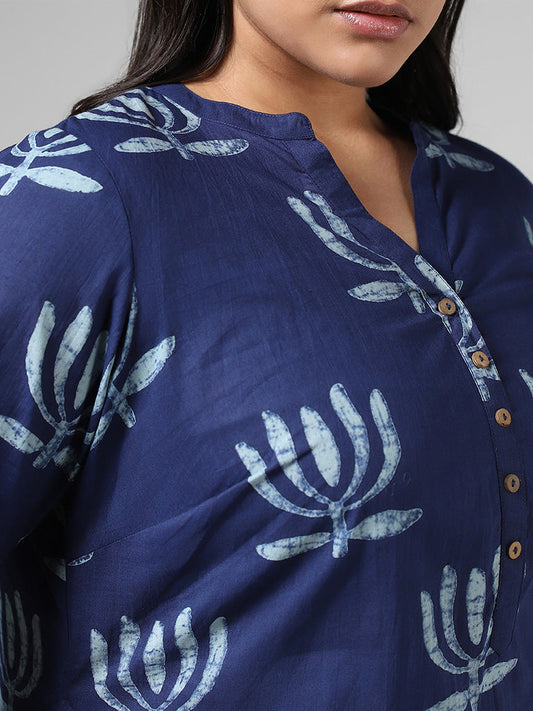 Diza Indigo Lotus Printed Cotton Kurta