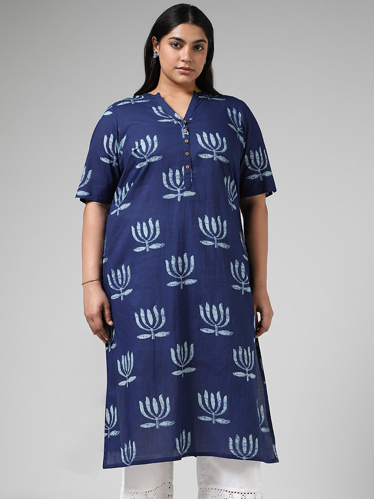 Diza Indigo Lotus Printed Cotton Kurta