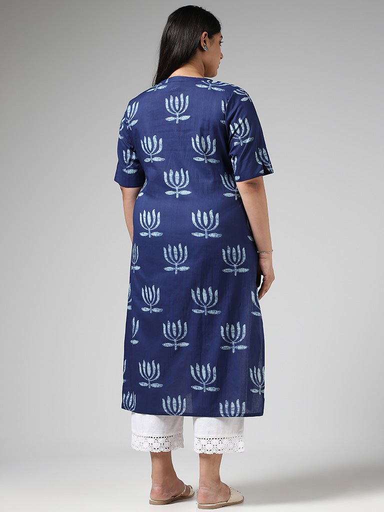 Diza Indigo Lotus Printed Cotton Kurta