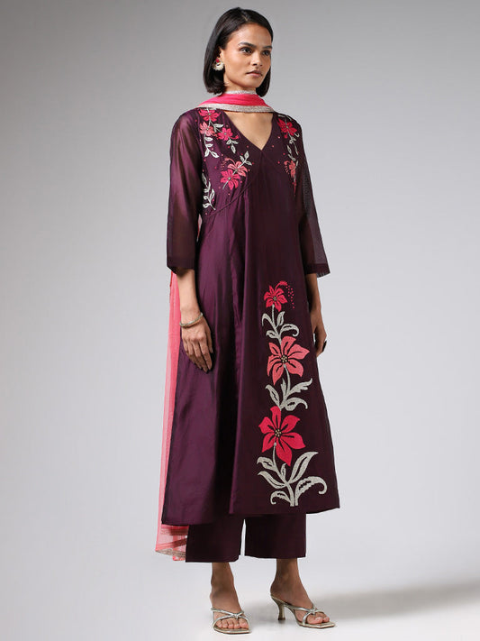 Vark Purple Floral Embroidered Kurta, Pants & Dupatta Set