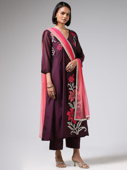 Vark Purple Floral Embroidered Kurta, Pants & Dupatta Set