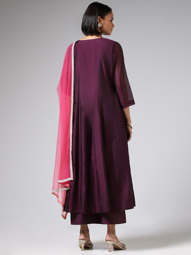 Vark Purple Floral Embroidered Kurta, Pants & Dupatta Set