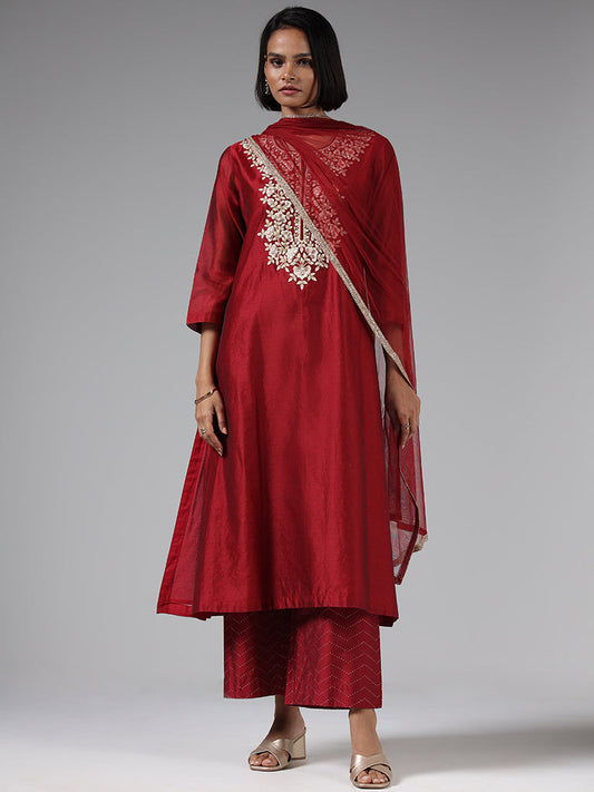 Vark Maroon Floral Embroidered Kurta, Pants & Dupatta Set