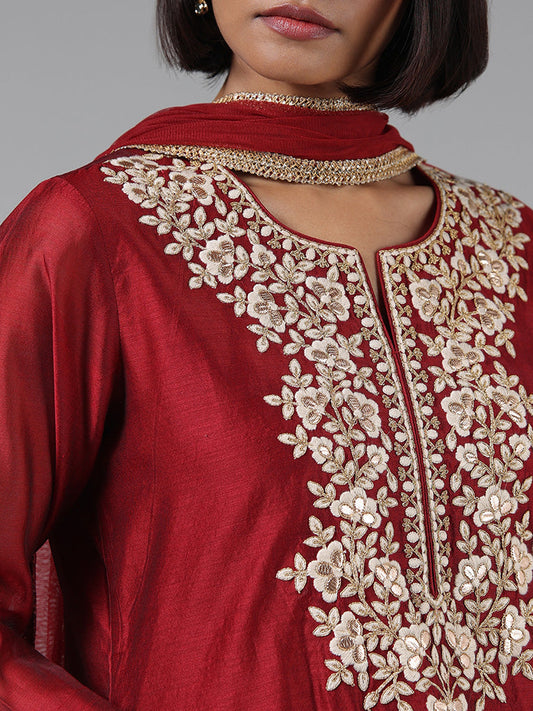 Vark Maroon Floral Embroidered Kurta, Pants & Dupatta Set