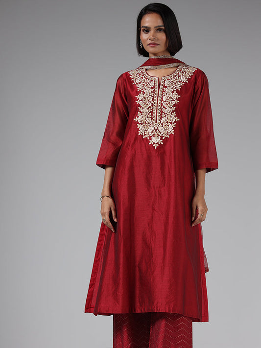 Vark Maroon Floral Embroidered Kurta, Pants & Dupatta Set