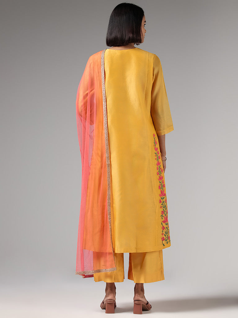 Vark Yellow Floral Embroidery Kurta, Palazzos & Dupatta Set