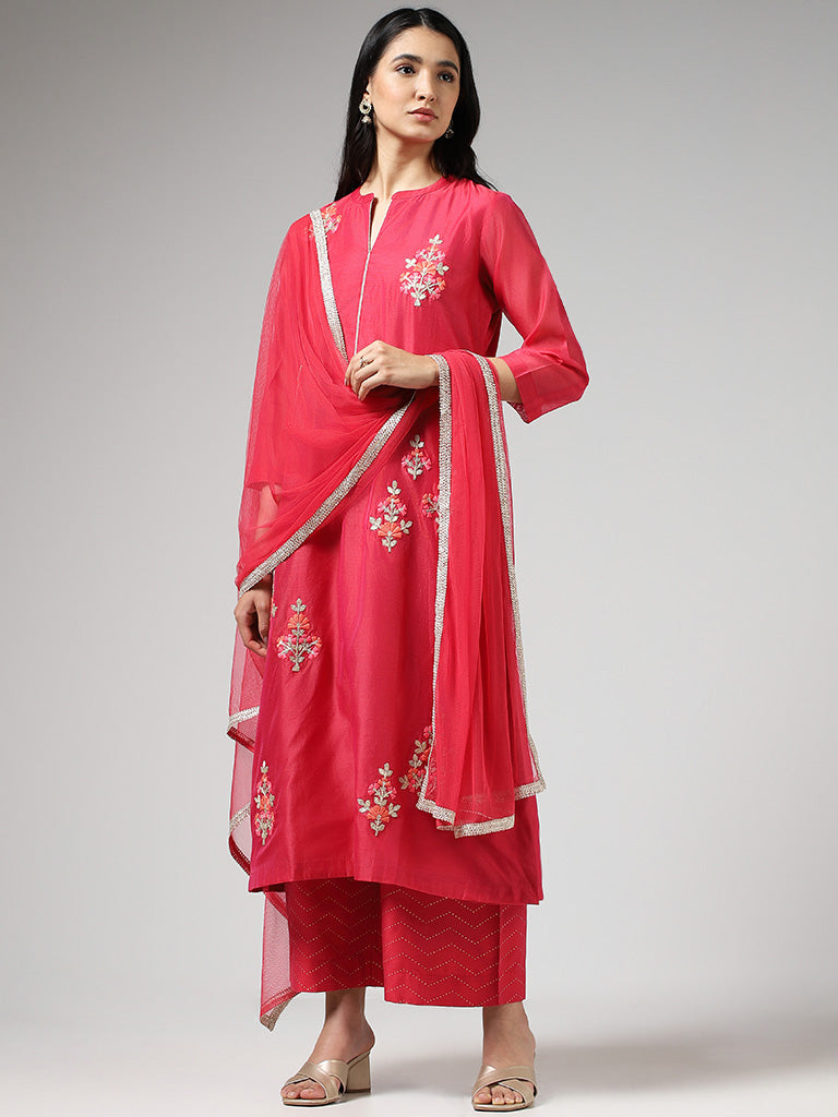 Vark Floral Embroidered Hot Pink Kurta, Palazzos & Dupatta