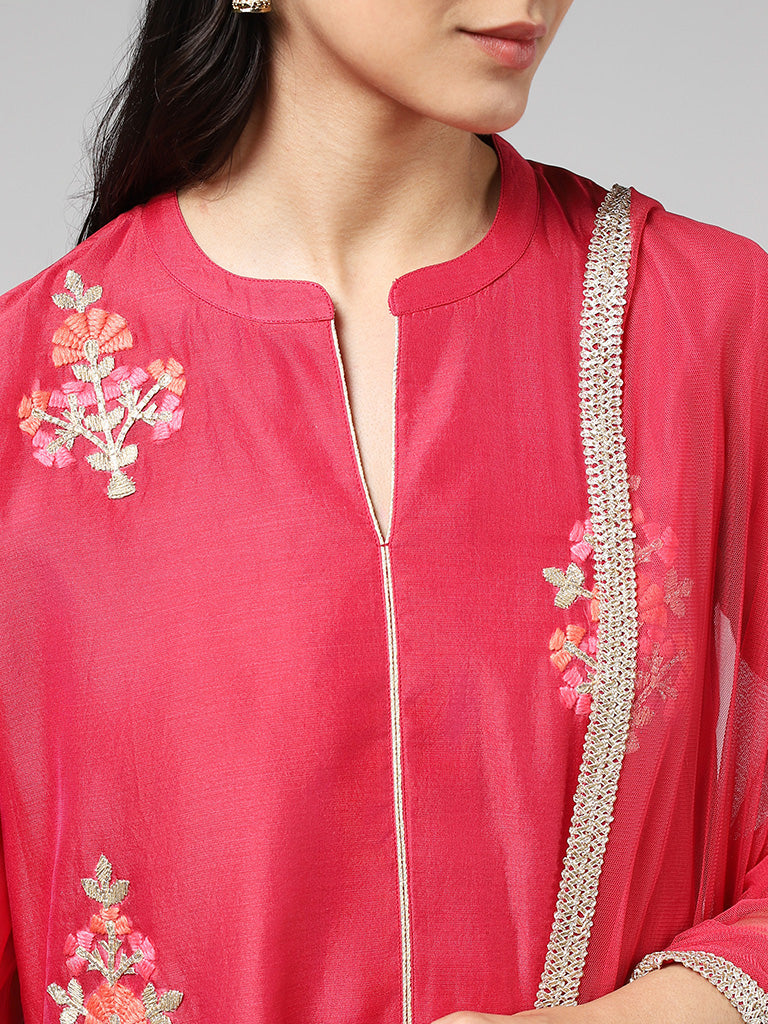 Vark Floral Embroidered Hot Pink Kurta, Palazzos & Dupatta