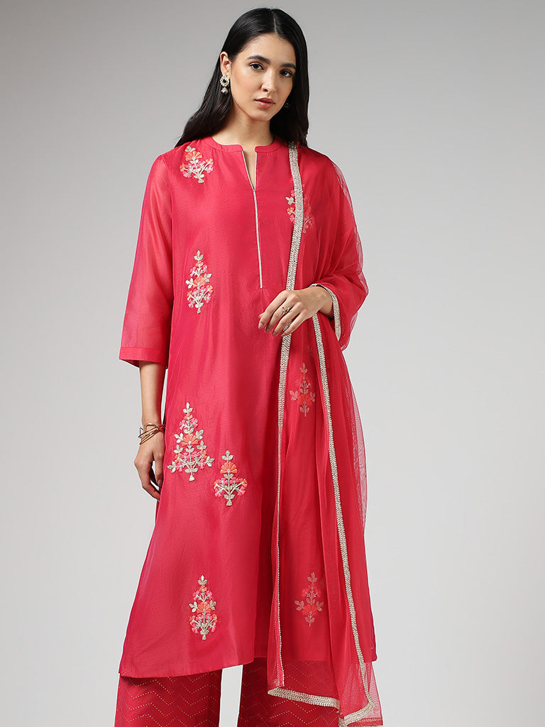 Vark Floral Embroidered Hot Pink Kurta, Palazzos & Dupatta